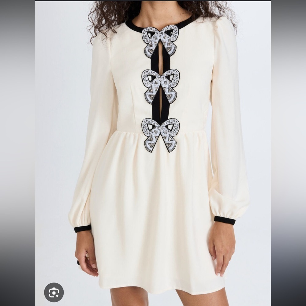 NWOT Saloni Camille Bow Embellished Crepe long sleeves ivory black Mini Dress 2